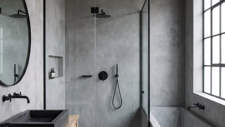 Salle de bain en béton ciré gris, douche et baignoire intégrées