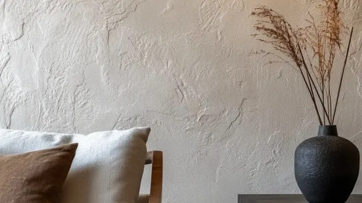 Mur enduit texturé dans un salon, fauteuil en lin et vase noir