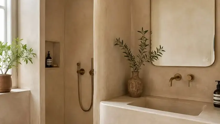 Salle de bain en tadelakt beige, niche de douche arrondie
