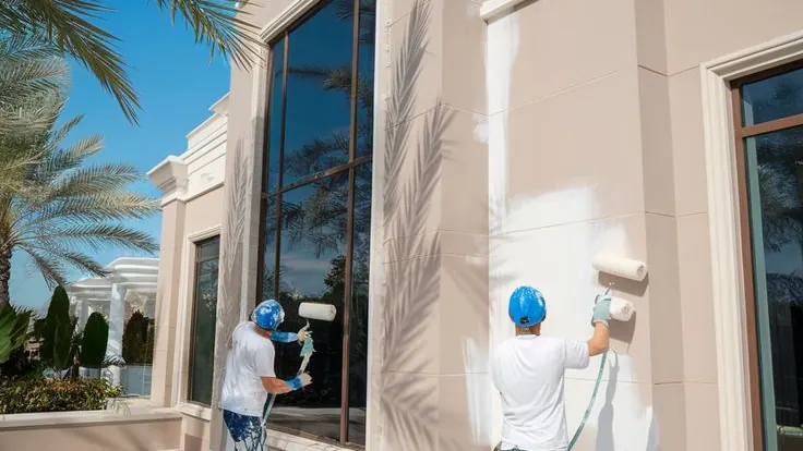 Peintres au rouleau sur la façade d’une villa