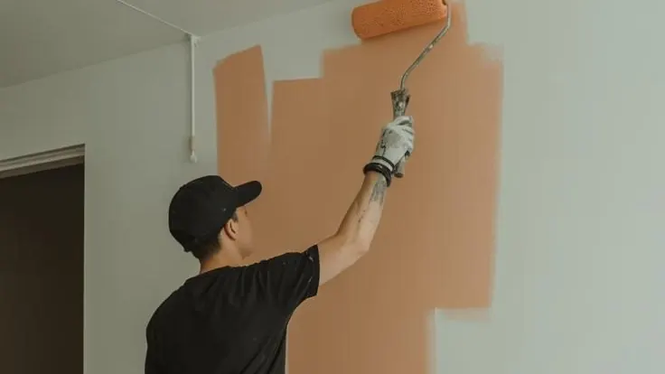 Peintre appliquant une teinte terracotta sur un mur intérieur